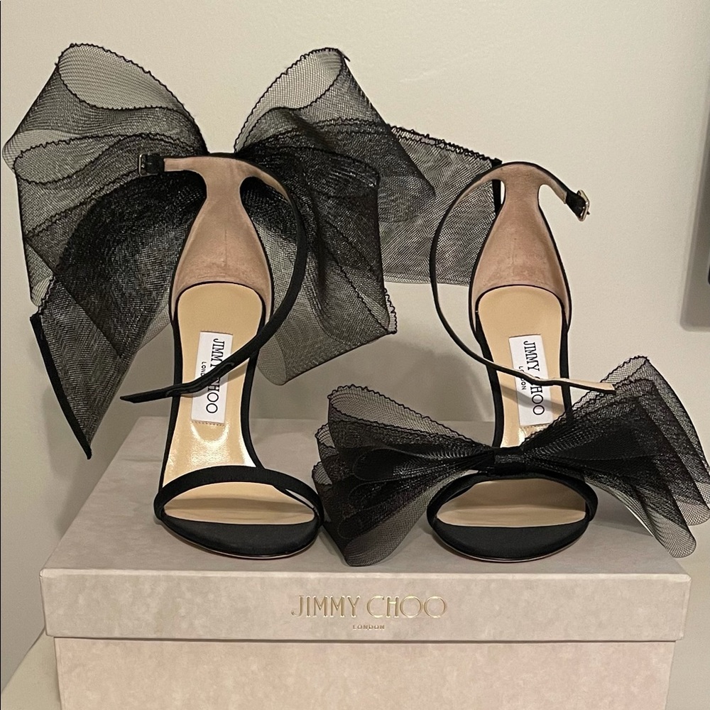 Jimmy Choo Black Tulle Bow Ankle Strap Sandals